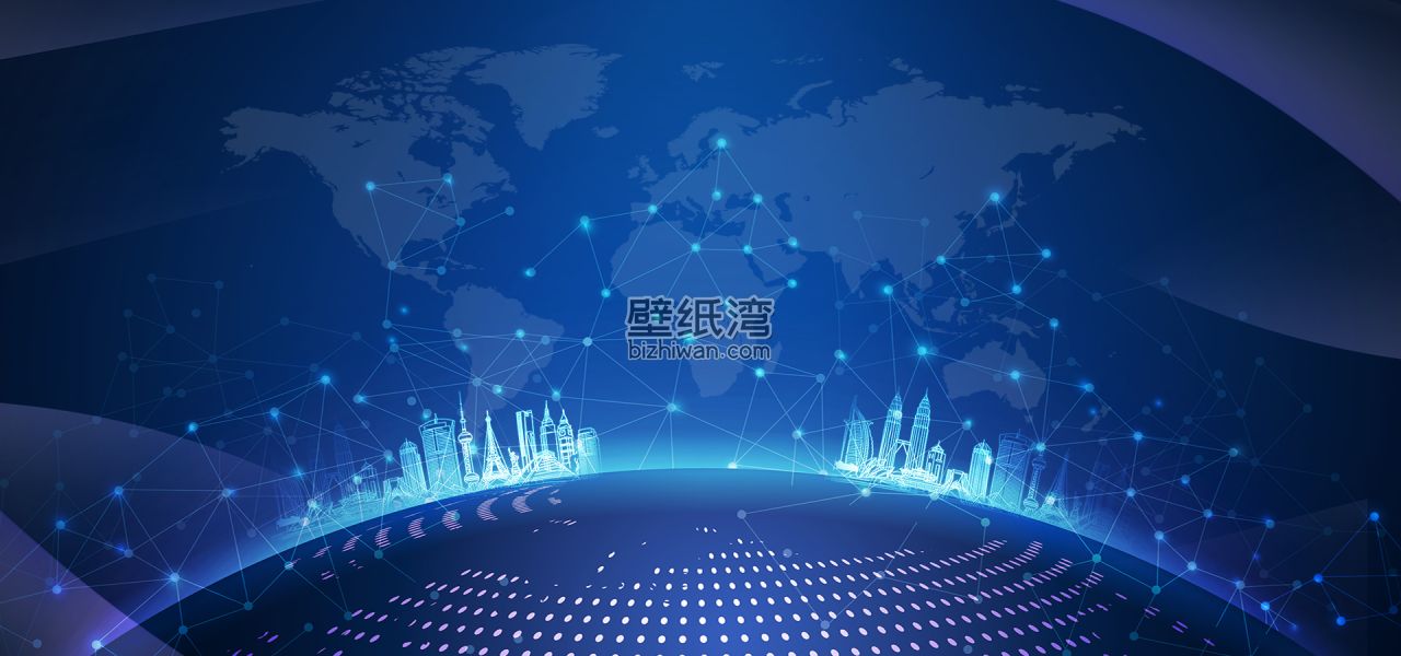 全球网络连接概念图，城市天际线和世界地图科技感图片壁纸