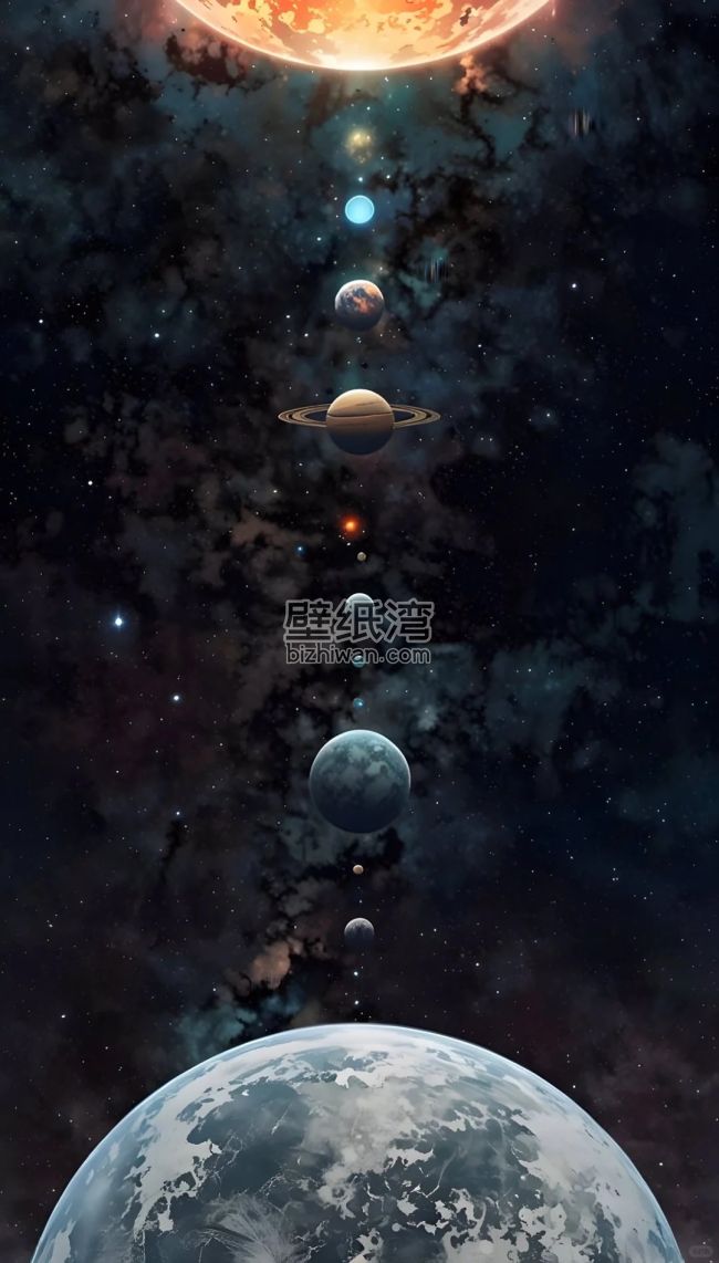 宇宙中的行星排列，包括地球、土星和太阳等天体