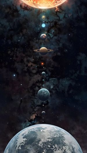 宇宙中的行星排列，包括地球、土星和太阳等天体