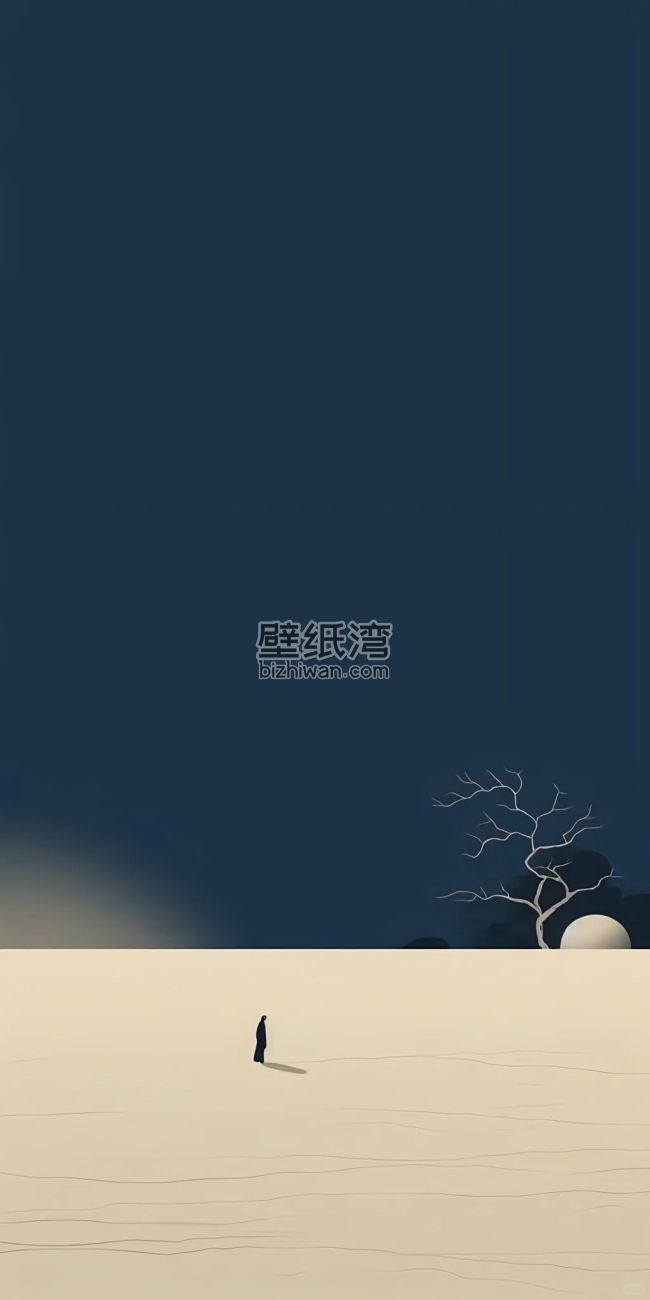 沙漠中的人影、枯树和月亮