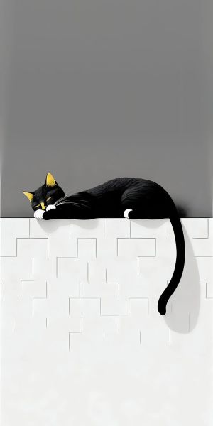 一只黑色的猫趴在白色砖墙上休息
