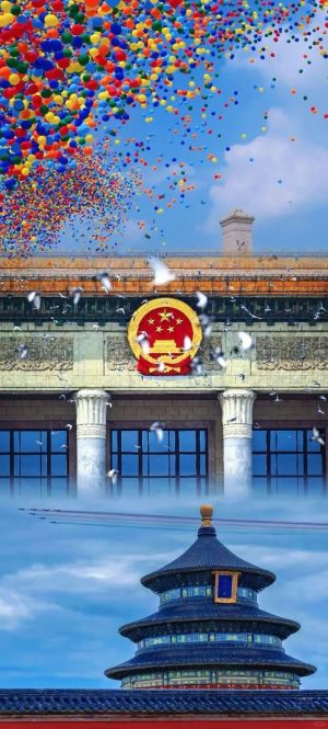 天安门广场上空飘扬的彩色气球和飞翔的鸽子，下方是天坛祈年殿 高清壁纸
