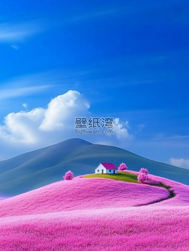 粉色花田中的小屋与远处的山丘