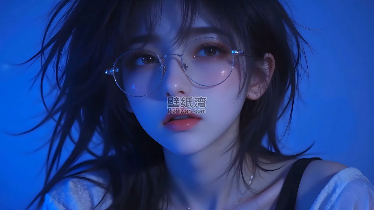 戴眼镜美女人物 蓝色背景 4K动漫壁纸 3840x2160