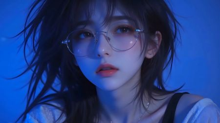戴眼镜美女人物 蓝色背景 4K动漫壁纸 3840x2160