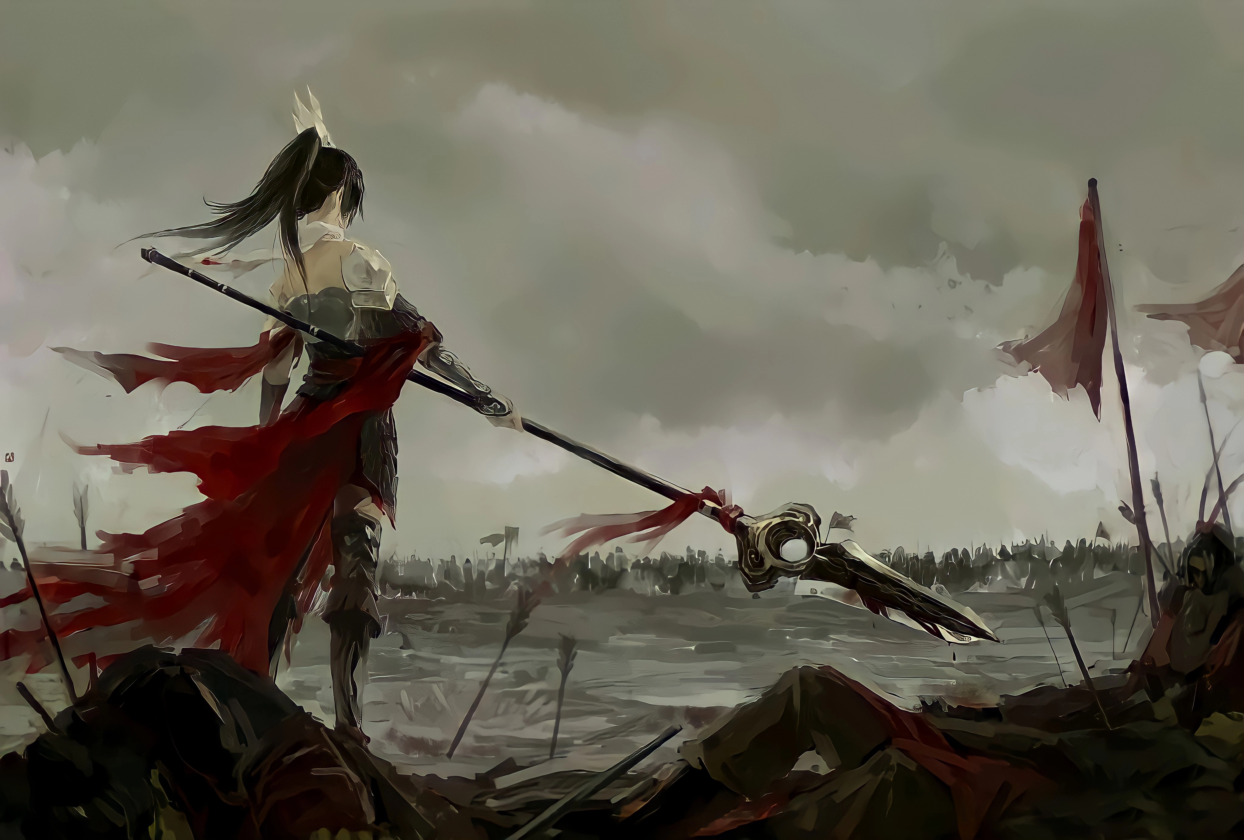 身穿盔甲的战士手持长枪的女战士，战场和旗帜背景