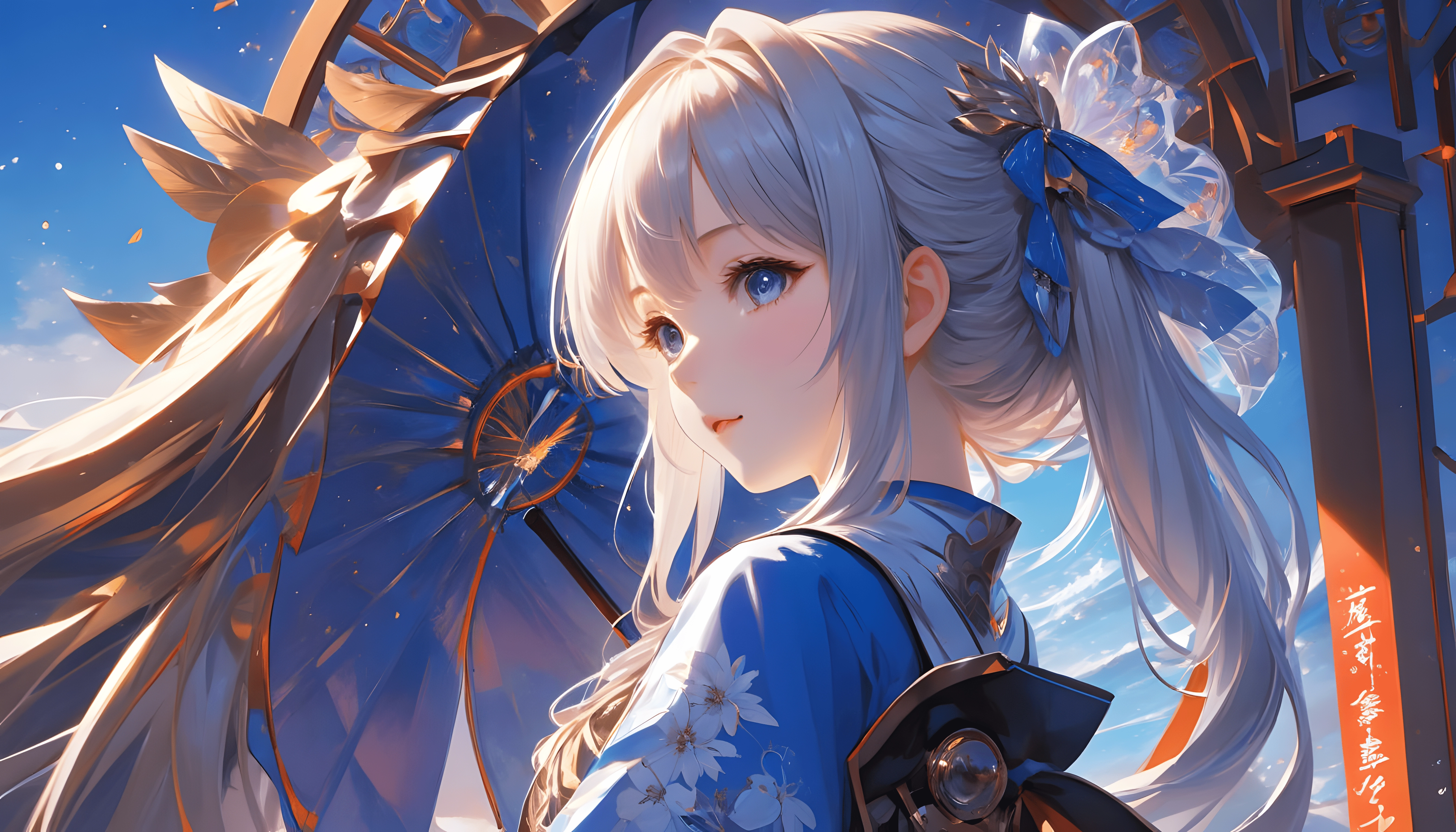 动漫角色身穿蓝色和服，手持透明伞
