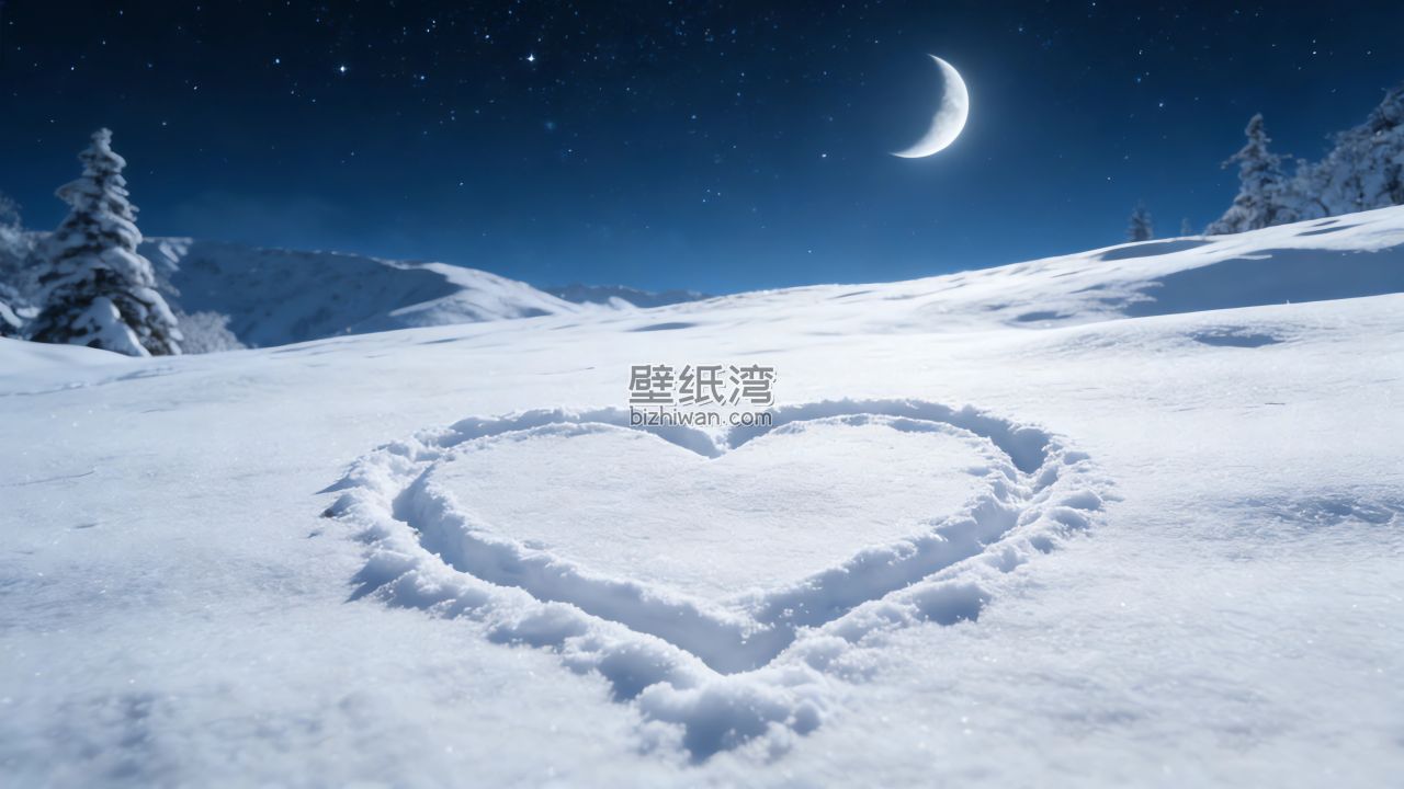 雪地上的心形图案，夜晚的星空和新月