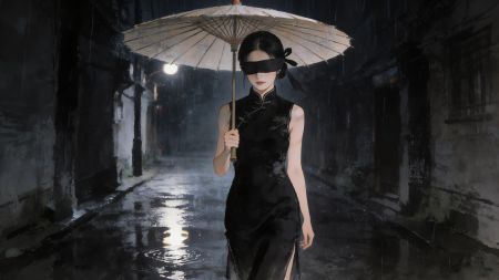 穿着黑色旗袍戴着眼罩的美女在雨夜中撑着油纸伞走在古巷