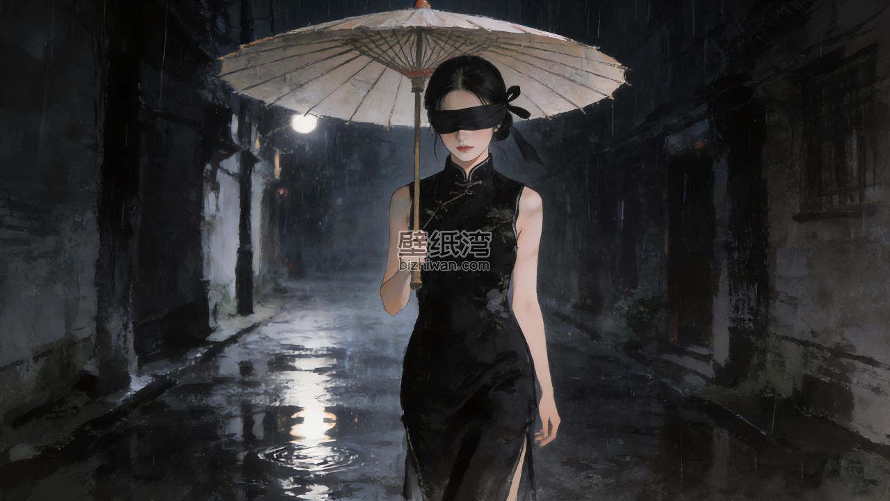 穿着黑色旗袍戴着眼罩的美女在雨夜中撑着油纸伞走在古巷
