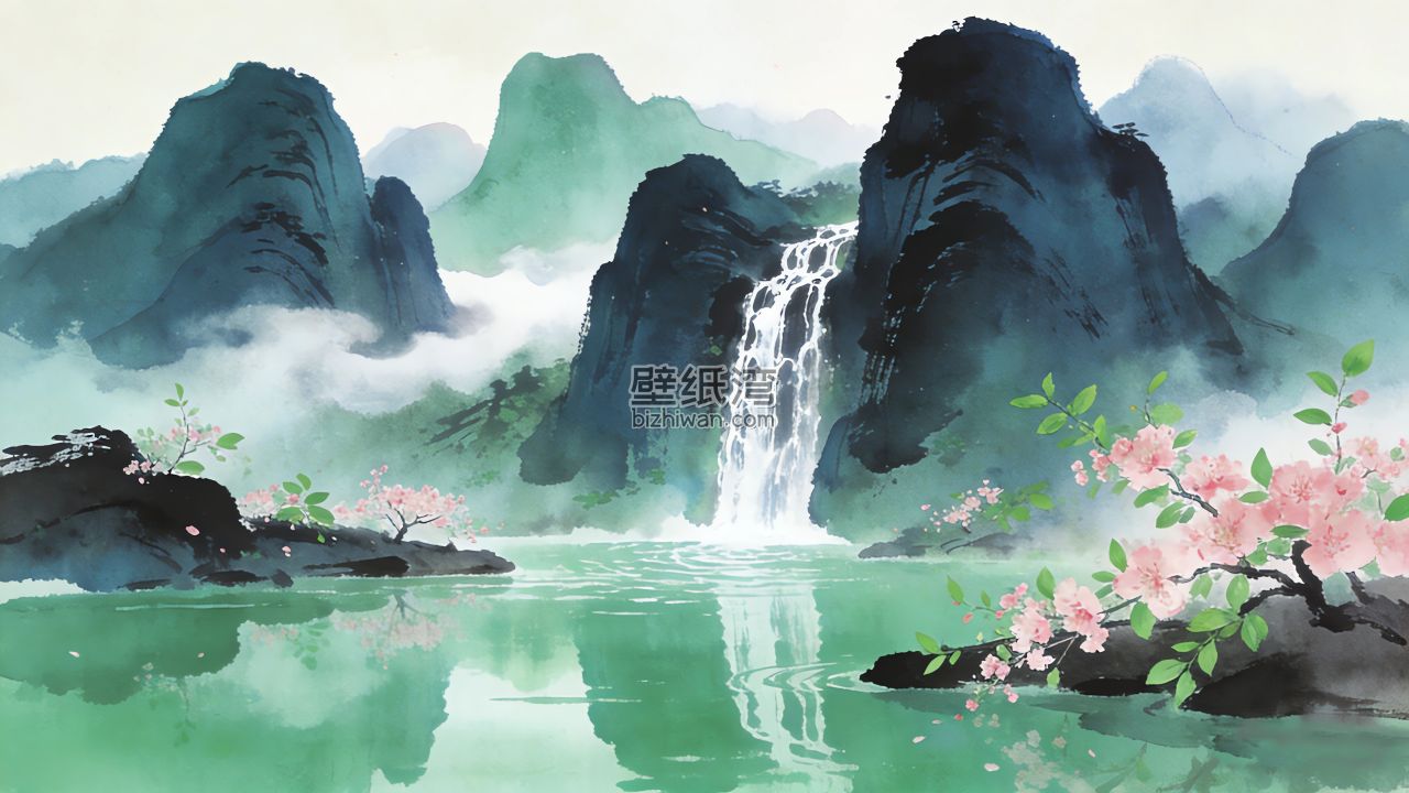 山水画 桃花 水墨风4k壁纸3840x2160