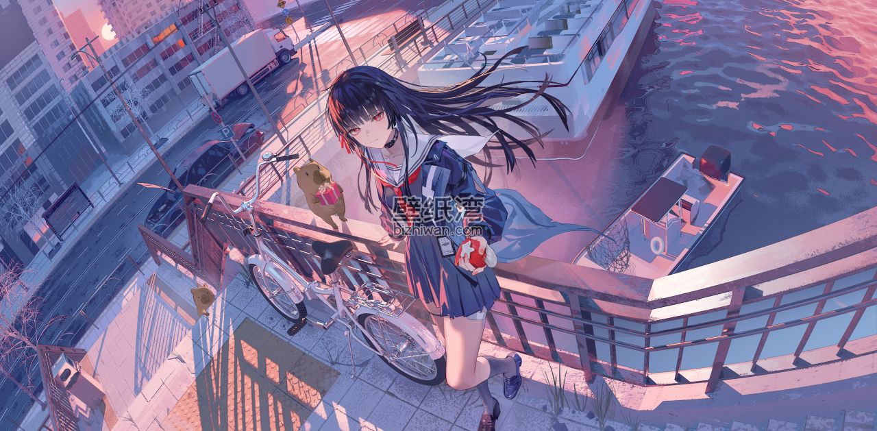 长发女孩 齐刘海 站立 围栏 单车 6K动漫壁纸