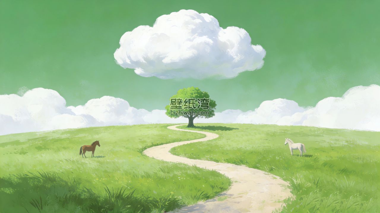 绿色天空 白色云朵 绿色草地 马儿 弯曲小路 小树 小清新风景4K壁纸