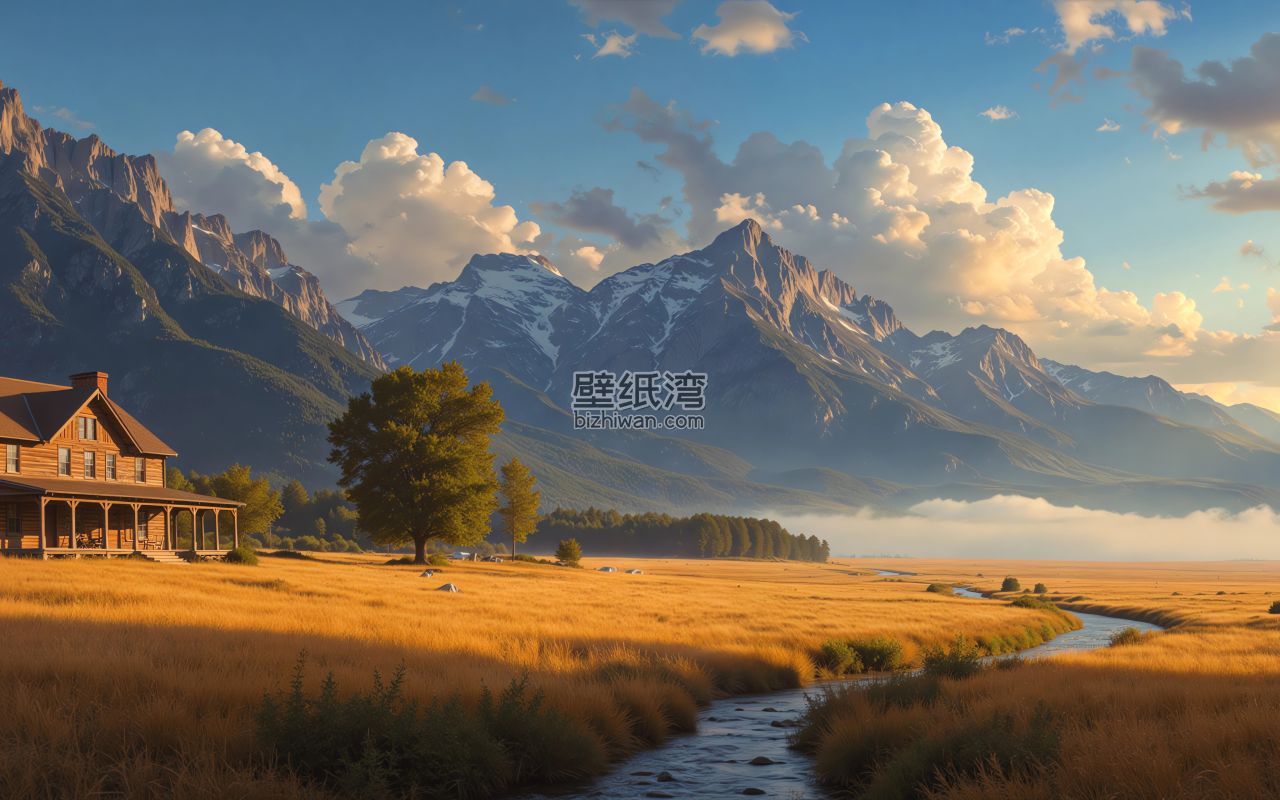 山间小屋与河流的宁静风景 小河边的田野4K风景壁纸3840x2400