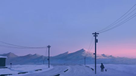 雪山日落、电线杆、行人