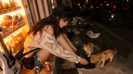 女孩在街边喂食两只橘猫，吉他 流浪猫 4K动漫壁纸