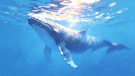 蓝色大海 鲸鱼 绘画 4K壁纸