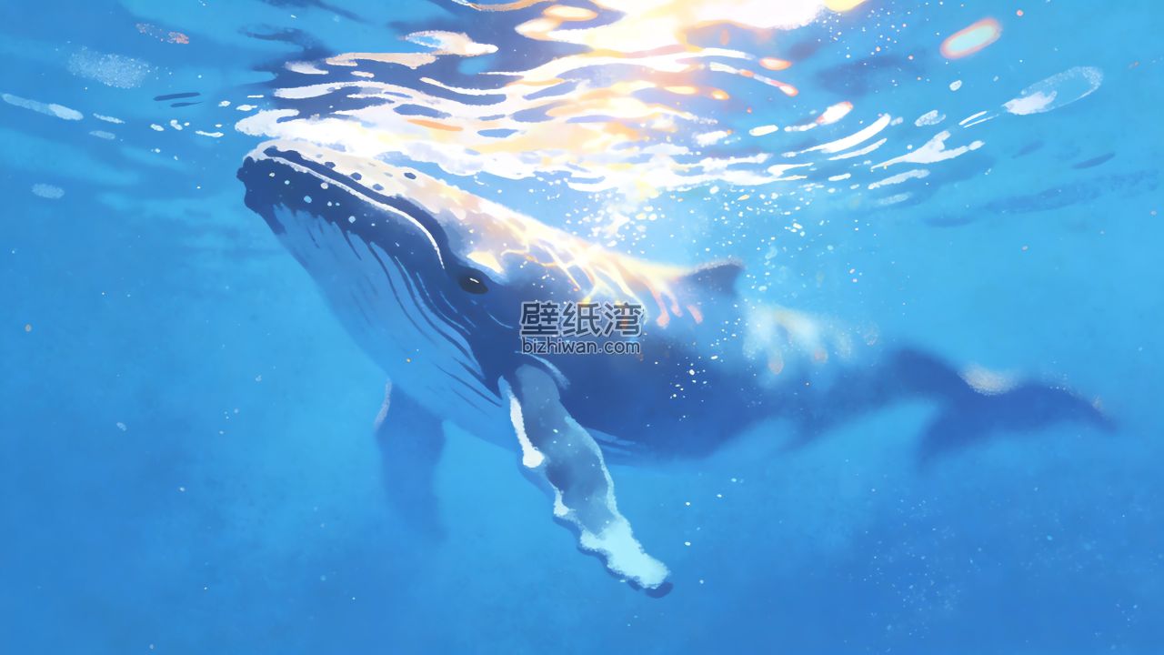 蓝色大海 鲸鱼 绘画 4K壁纸