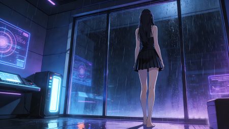 赛博朋克 雨天 房间 长发美女背影 黑色裙子 望向窗外 4K动漫壁纸_彼岸图网