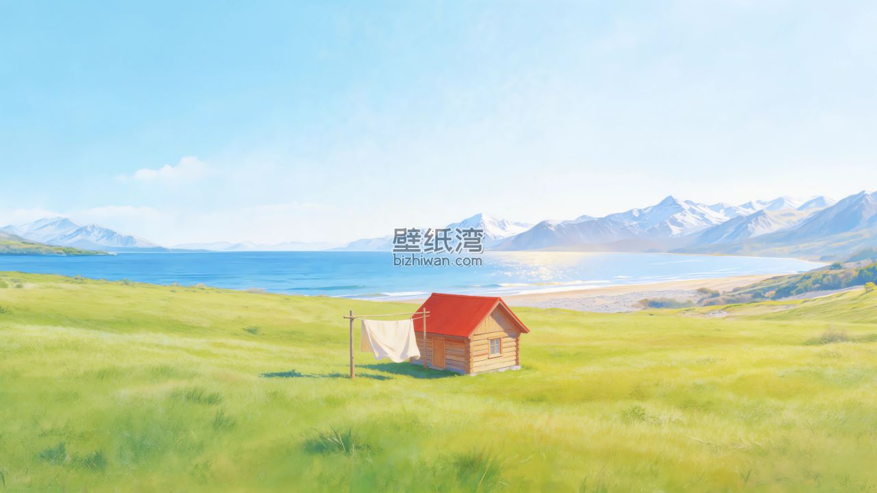 蓝天 湖水 山脉 雪山 绿草地 小木屋 4K风景壁纸3840x2160_彼岸图网