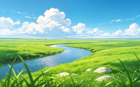 清新草原风光 弯曲河流 蓝天白云4K高清壁纸3840x2400