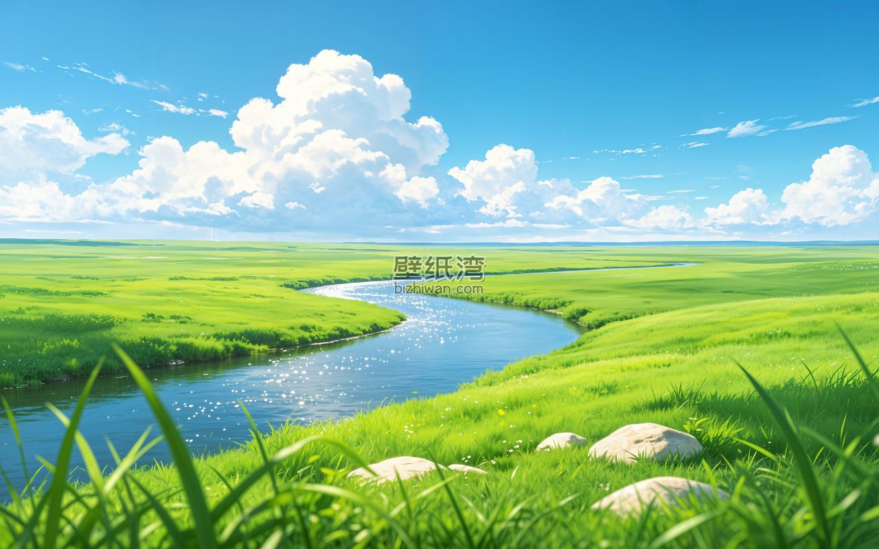 清新草原风光 弯曲河流 蓝天白云4K高清壁纸3840x2400