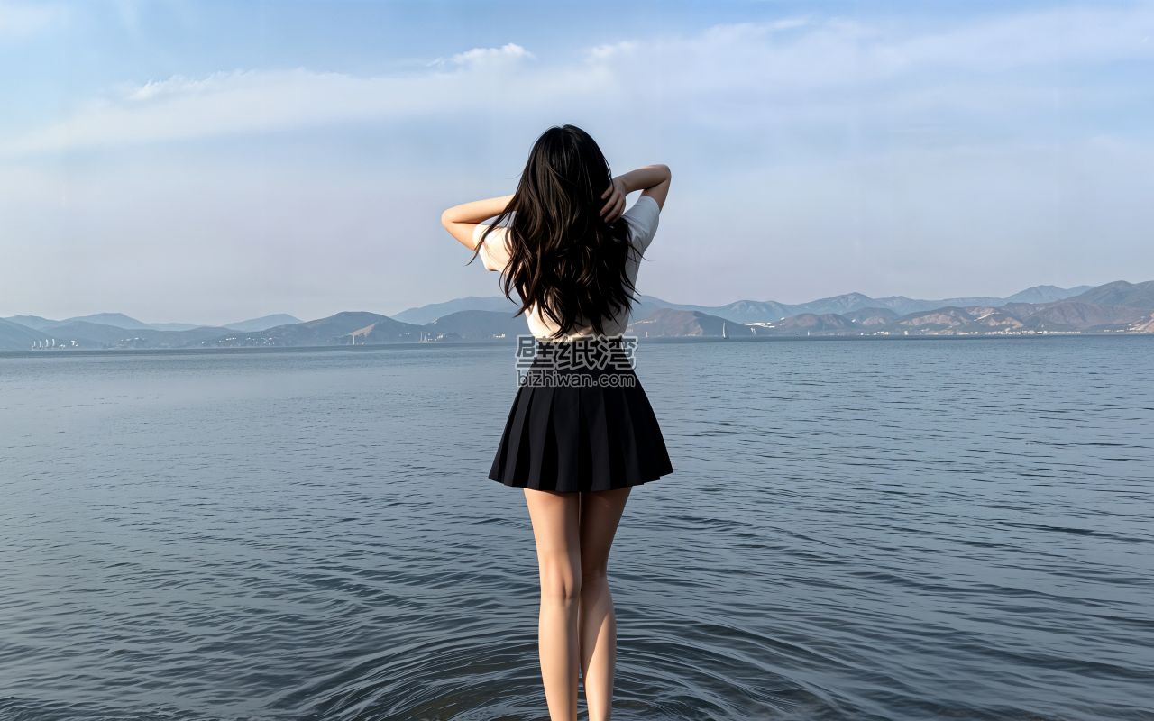 海边 长发美女背影 黑色裙子 4k高清壁纸 3840x2400