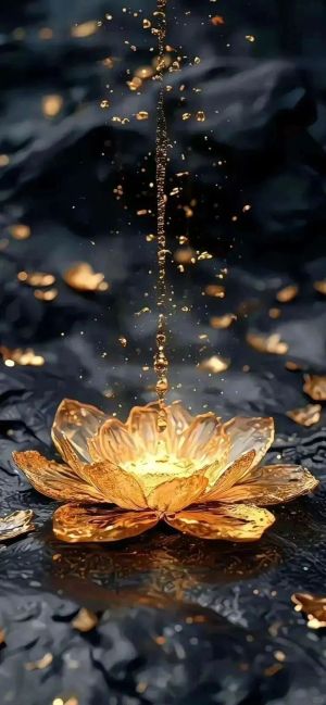 金色花朵 水滴 黑色背景 黑金风格 高清手机壁纸