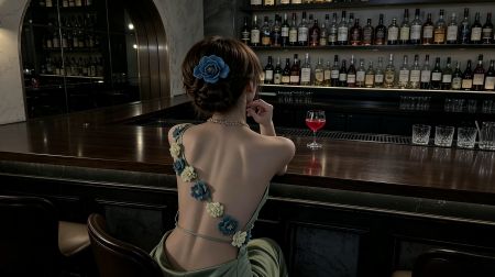 吧台 美女后背 背影 氛围感 高清壁纸