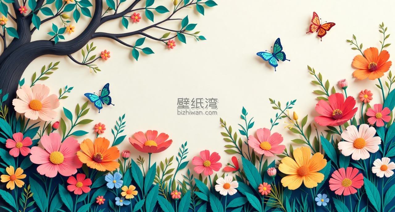花朵 蝴蝶 剪纸 可爱 壁纸
