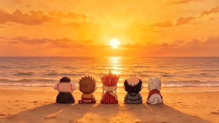 Q版卡通西游记 夕阳 背影 4K壁纸