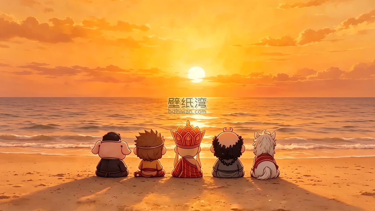 Q版卡通西游记 夕阳 背影 4K壁纸